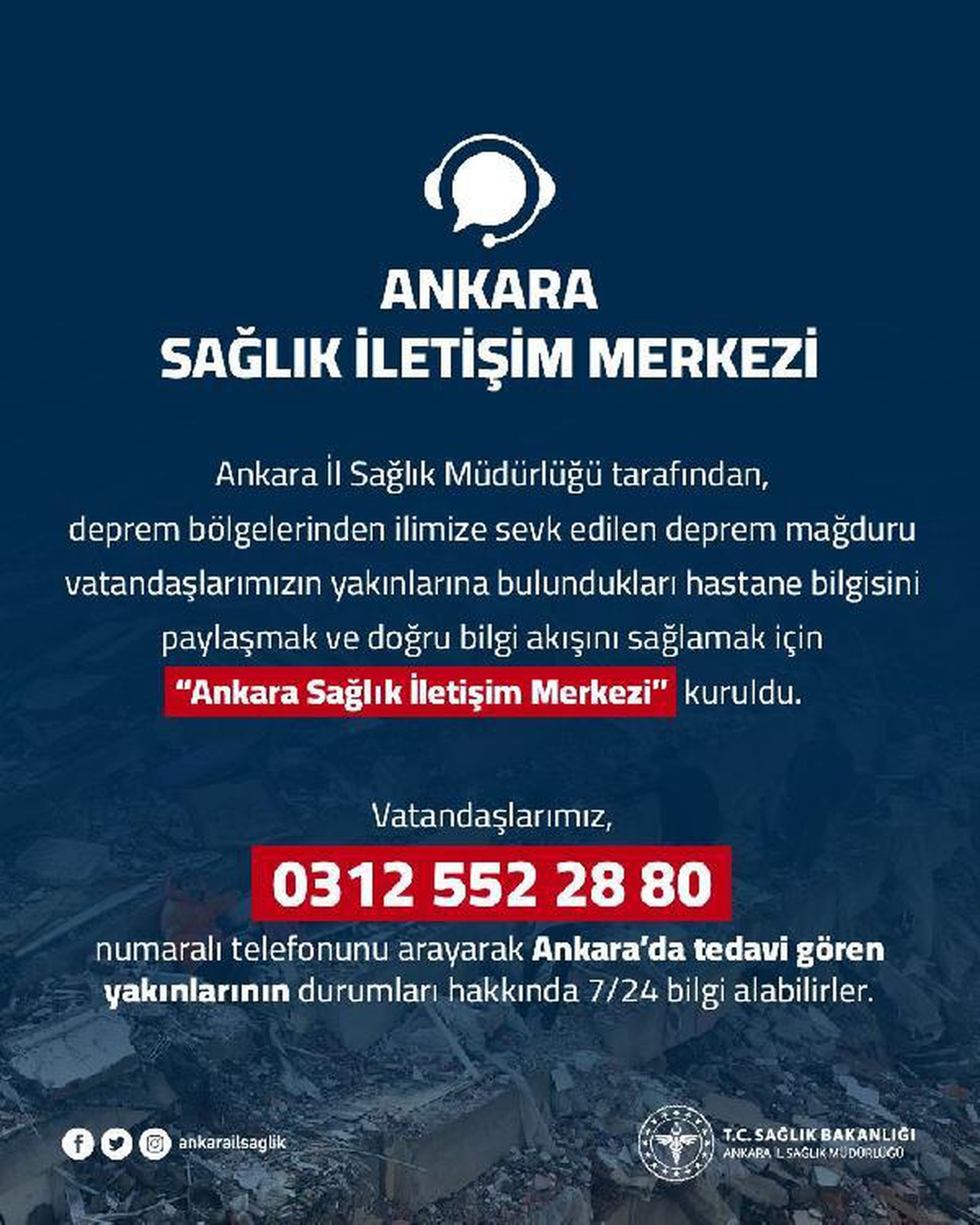 Ankara\'da depremzedeler için \'sağlık iletişim merkezi\' kuruldu