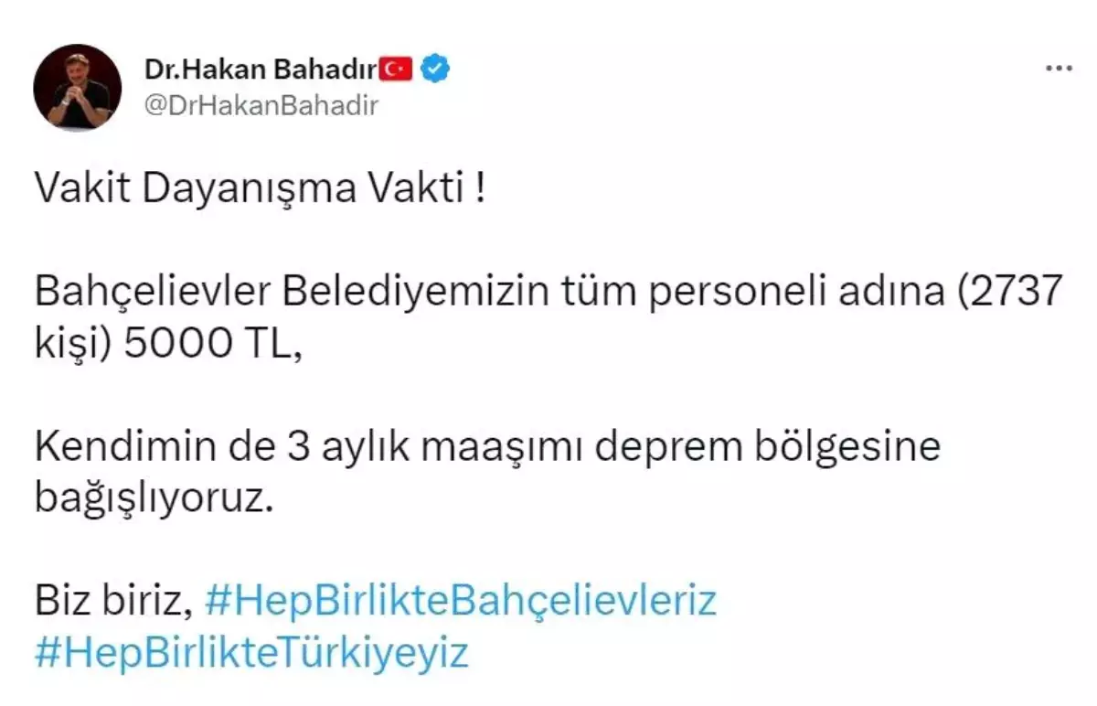 Bahçelievler Belediyesinden deprem bölgesi için 14 milyon TL bağış