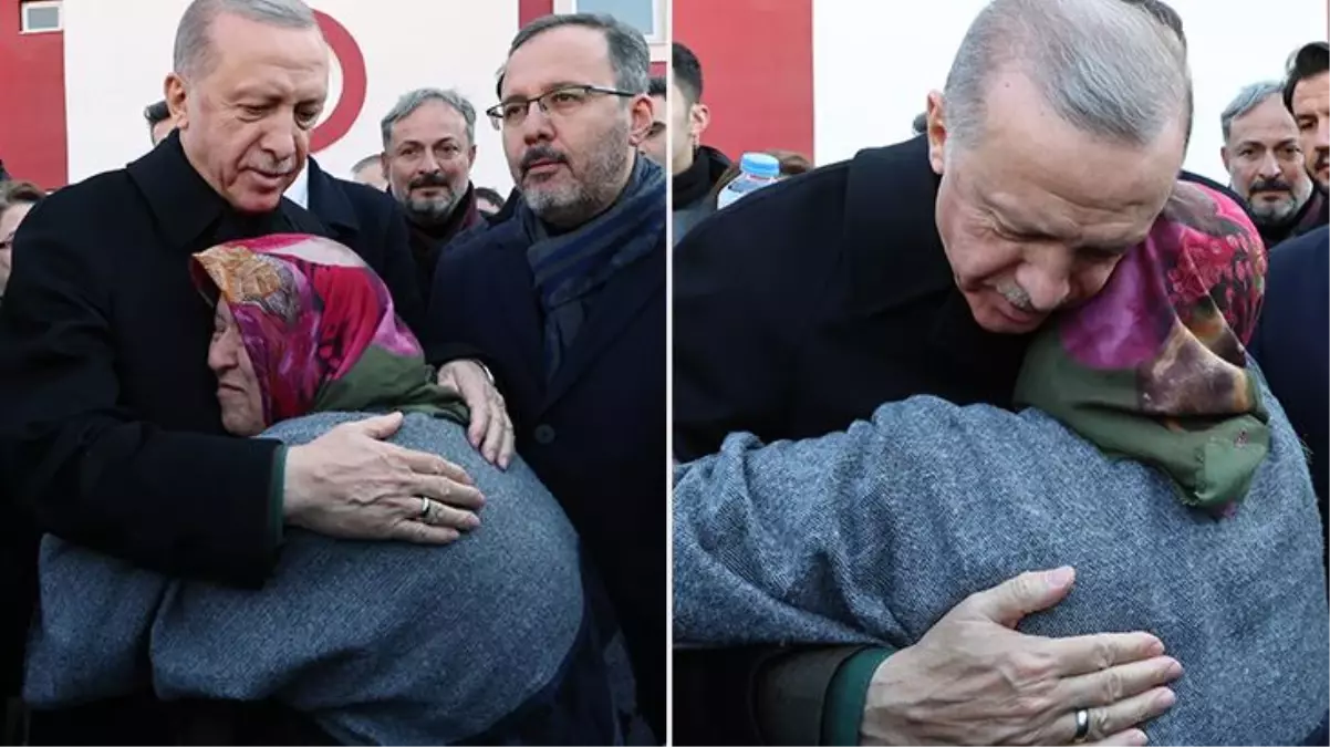 Depremzede kadın Cumhurbaşkanı Erdoğan\'a sarılarak ağladı