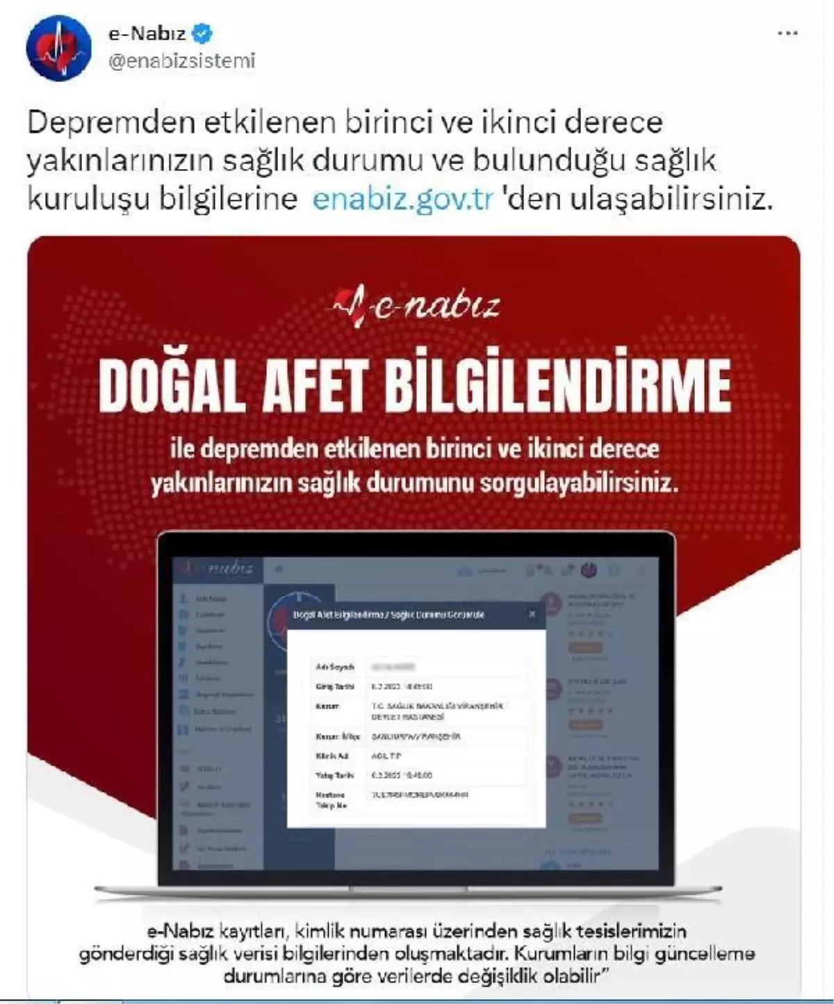 Depremzedelerin yakınları, e-Nabız\'dan bilgi alabilecek