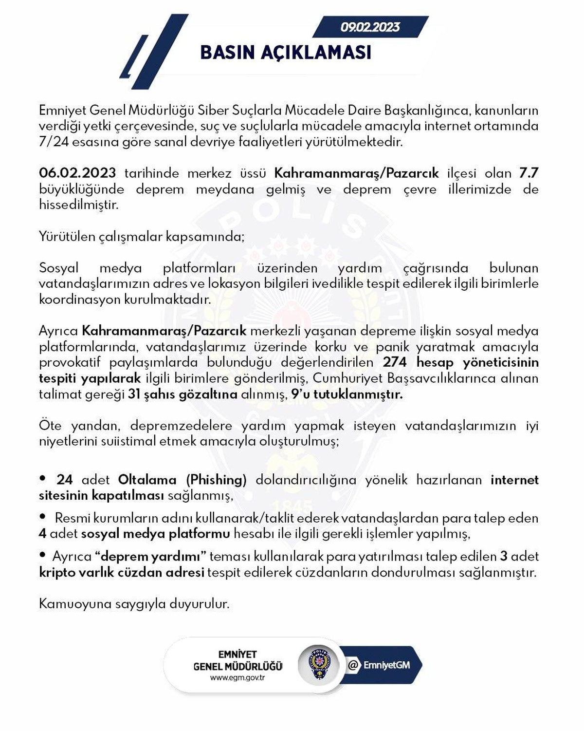 Depremle ilgili provokatif paylaşımlarda bulunduğu belirlenen 9 kişi tutuklandı