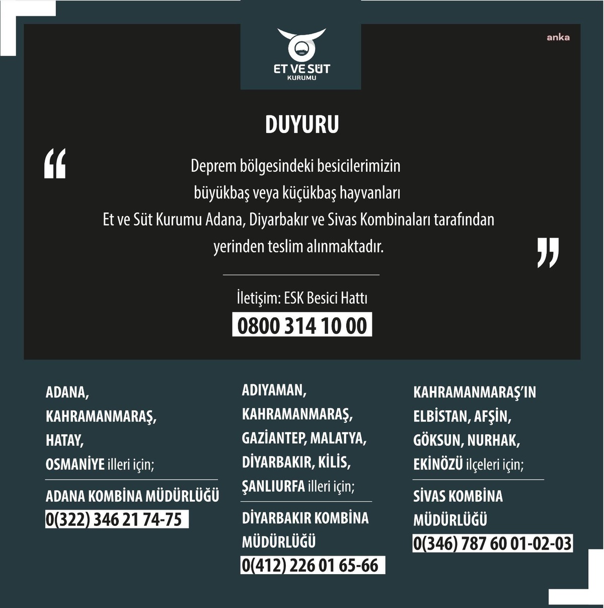 Et ve Süt Kurumu: Depremden Etkilenen Üreticilerin Sahipsiz Kalan ve Bakım İmkanı Olmayan Büyükbaş ve Küçükbaş Hayvanları Mahallinden Alınarak...