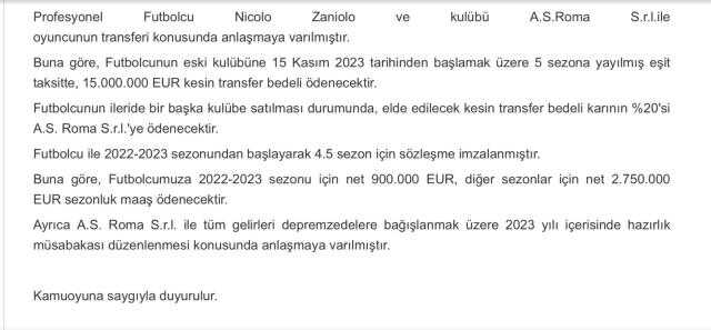 G.Saray, Zaniolo transferinin detaylarını açıkladı! İki kulüp depremzedeler için maç yapacak G.Saray, Zaniolo transferinin detaylarını açıkladı! İki kulüp depremzedeler için maç yapacak