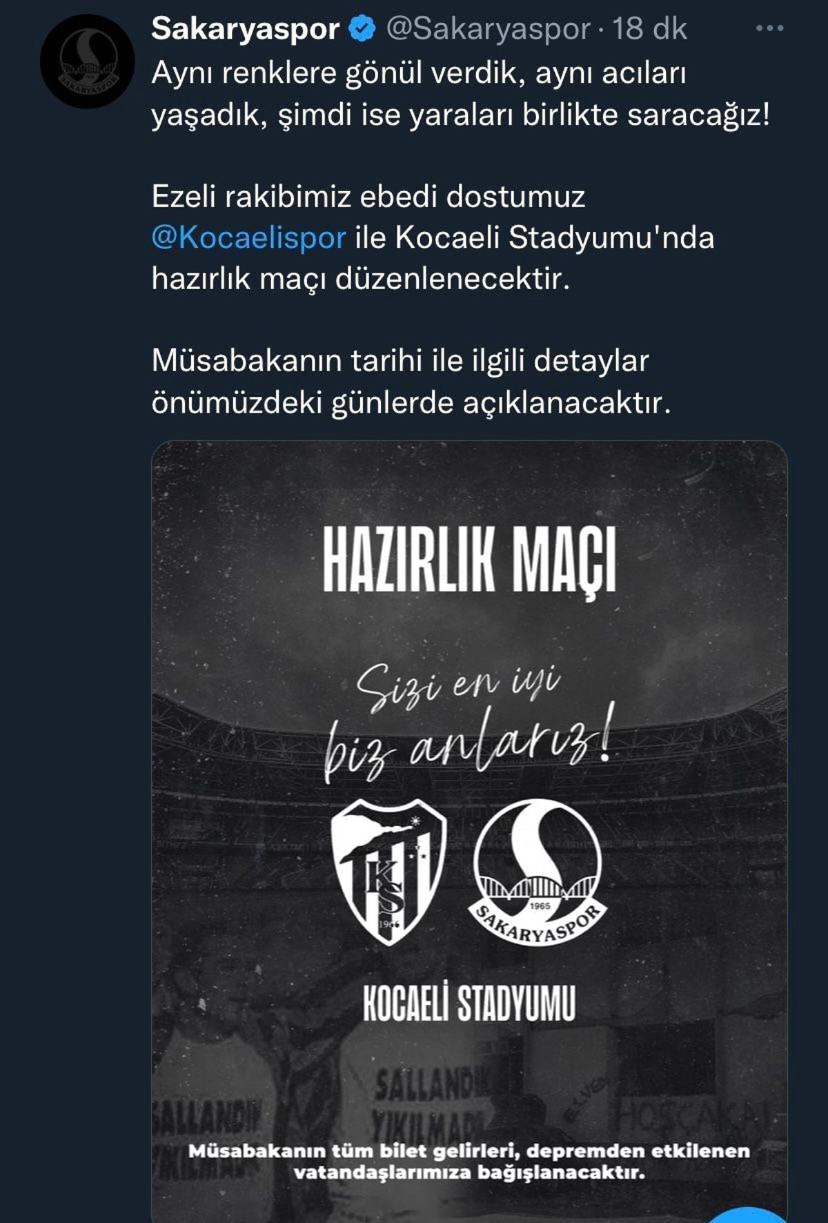 Sakaryaspor-Kocaelispor hazırlık maçı gelirlerini depremzedelere bağışlayacak