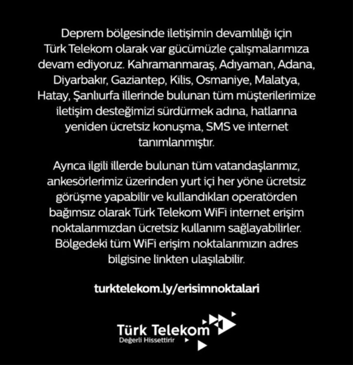 Türk Telekom deprem bölgelerindeki müşterilerine yeniden ücretsiz konuşma, SMS ve internet sağladı