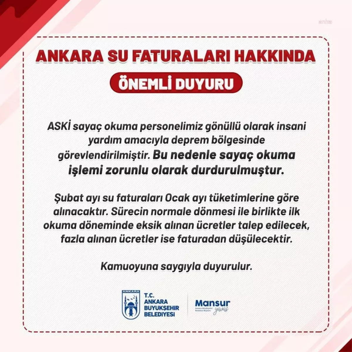 Başkentte su sayaçlarının okuma işlemi zorunlu olarak durduruldu