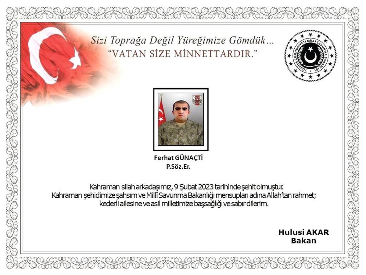 MSB: Er Ferhat Günaçti depremde şehit oldu