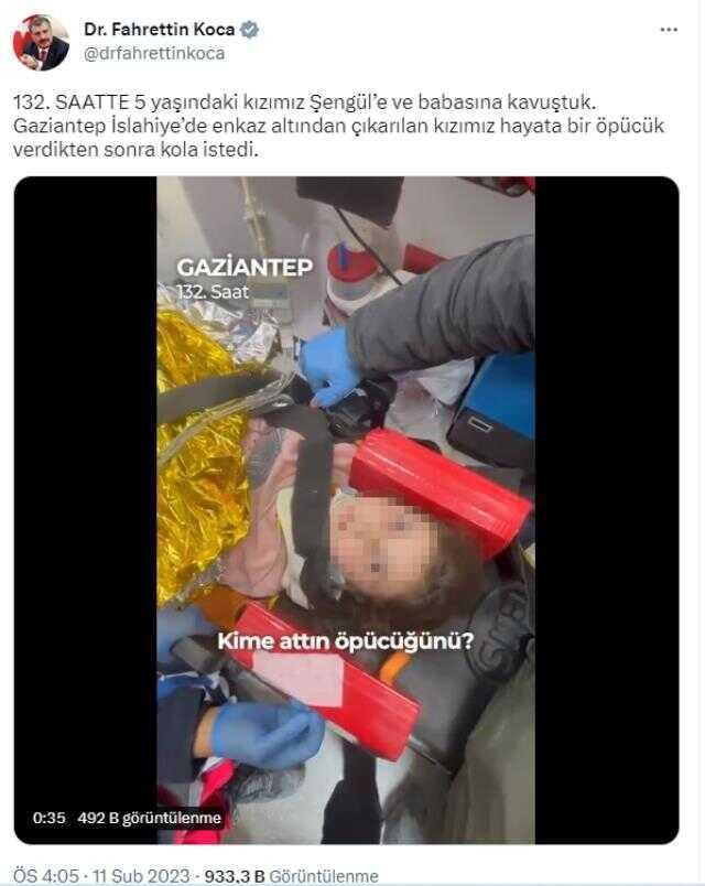 132. saatte kurtarılan 5 yaşındaki Şengül tebessüm ettirdi: Sarı kola istiyorum