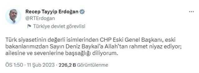 Cumhurbaşkanı Erdoğan'dan Deniz Baykal için taziye mesajı