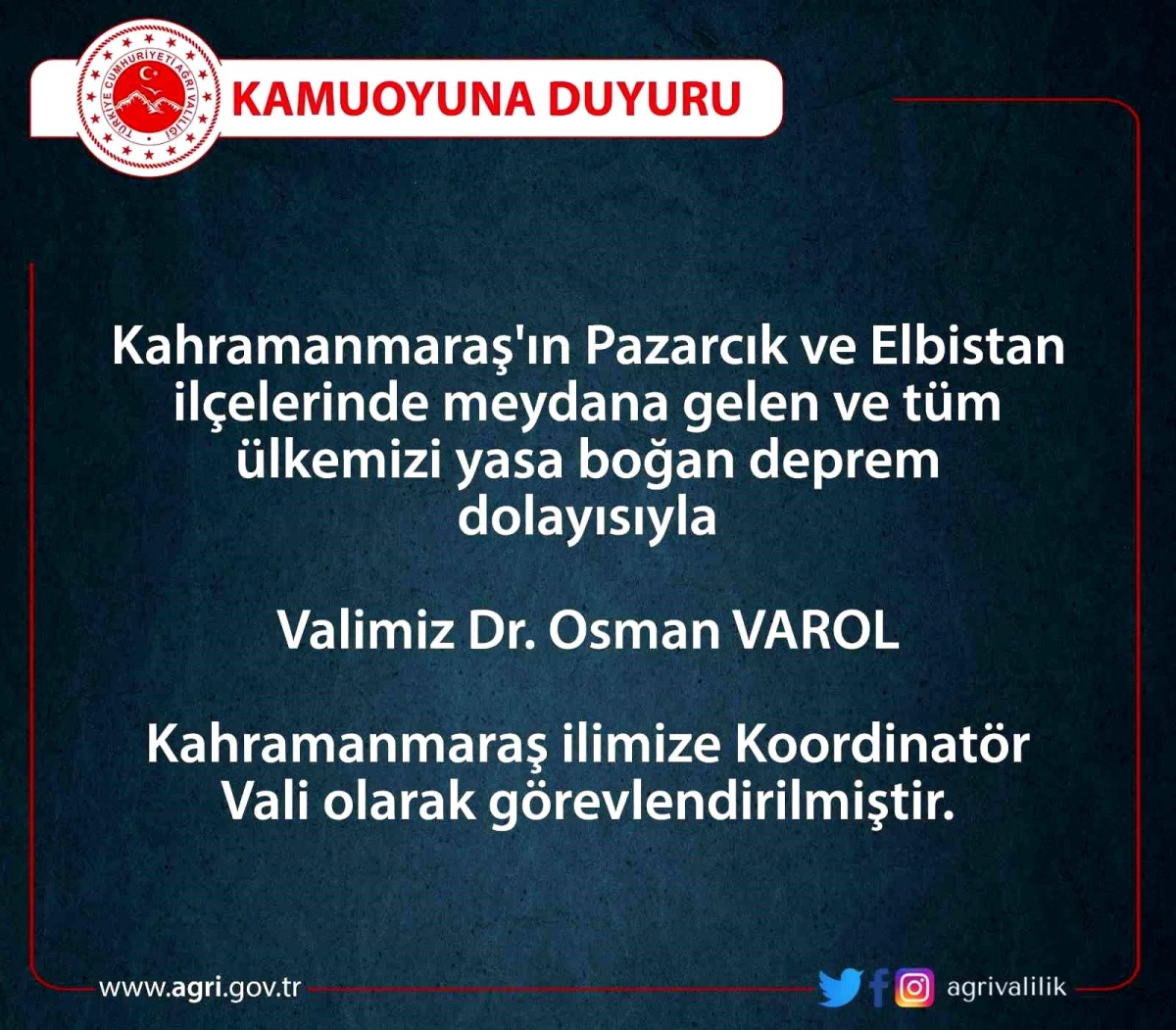 Vali Varol Kahramanmaraş\'a "Koordinatör Vali" görevlendirildi