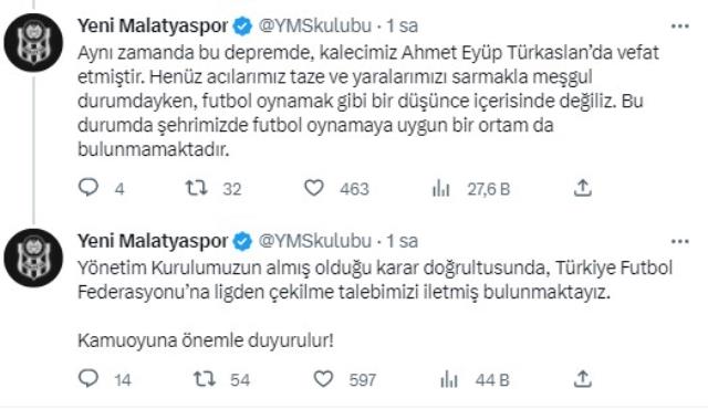 Yeni Malatayspor, Süper Lig'den çekilme talebini TFF'ye iletti
