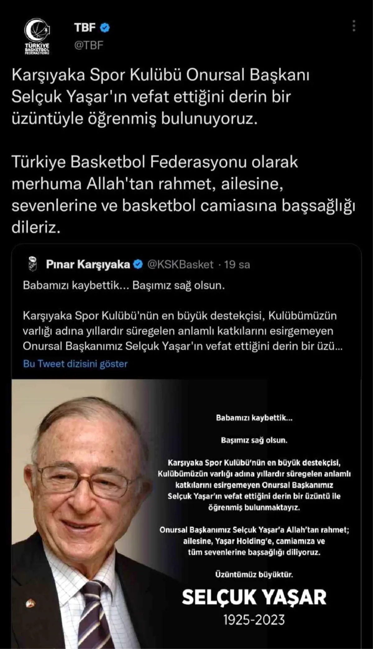 TBF\'den Selçuk Yaşar için taziye mesajı