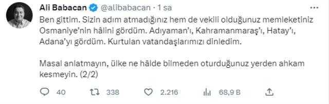 Ali Babacan'dan Bahçeli'ye tepki: Tek bir afet bölgesini görmeden, tek bir depremzedenin halini bilmeden ahkam kesiyor