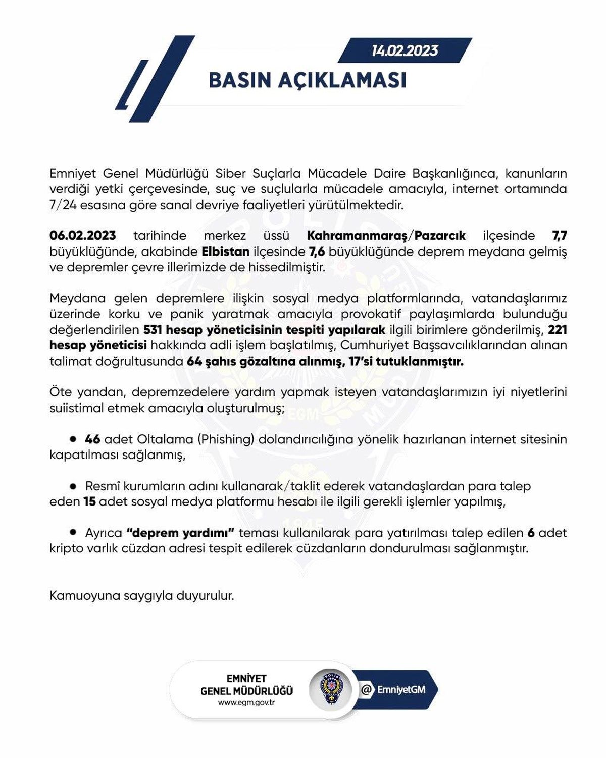 Sosyal medyada deprem provokasyonu yapan 531 hesap yöneticisi tespit edildi