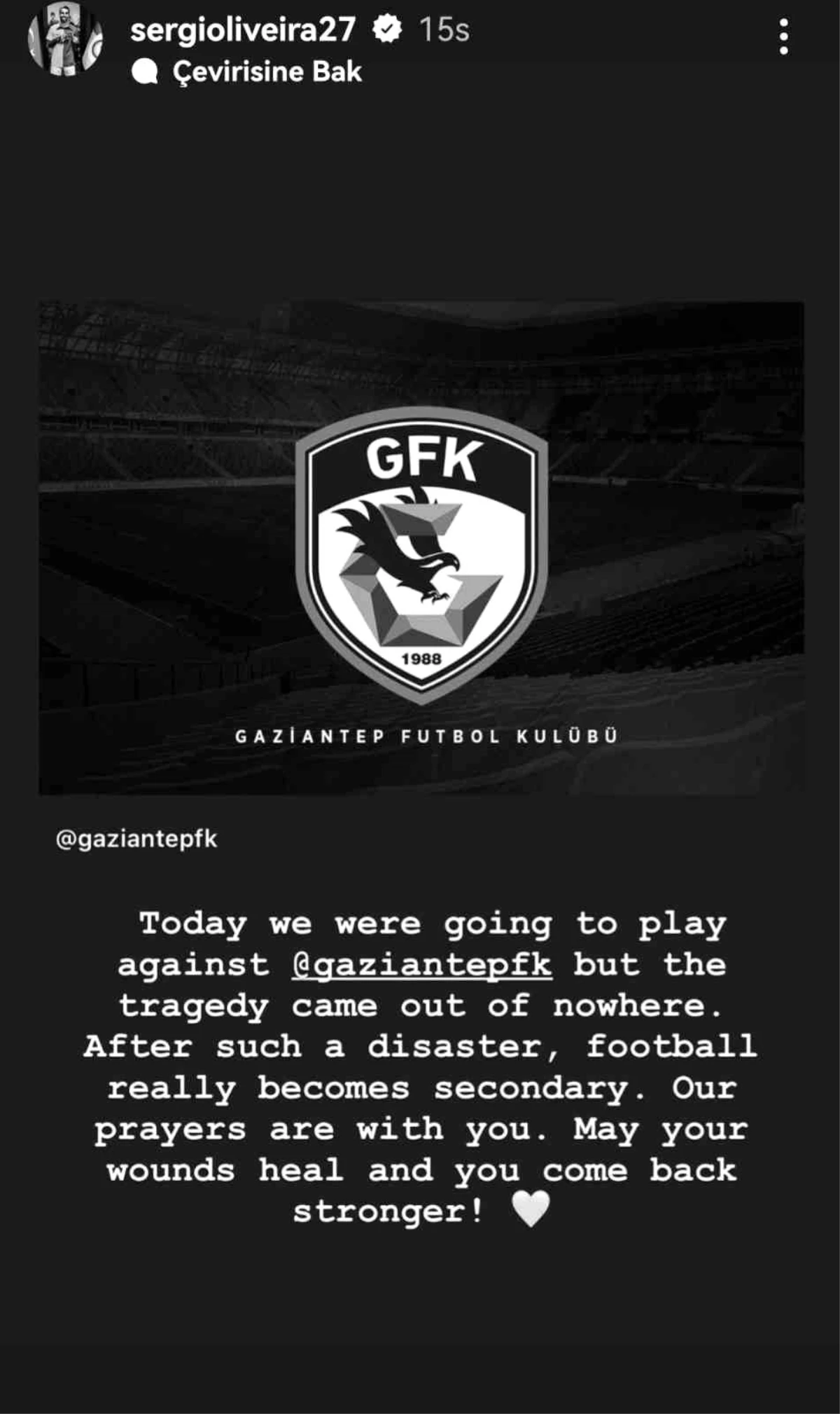 Sergio Oliveira\'dan, Gaziantep FK mesajı: "Umarız yaralarınızı sarar ve daha güçlü geri dönersiniz"