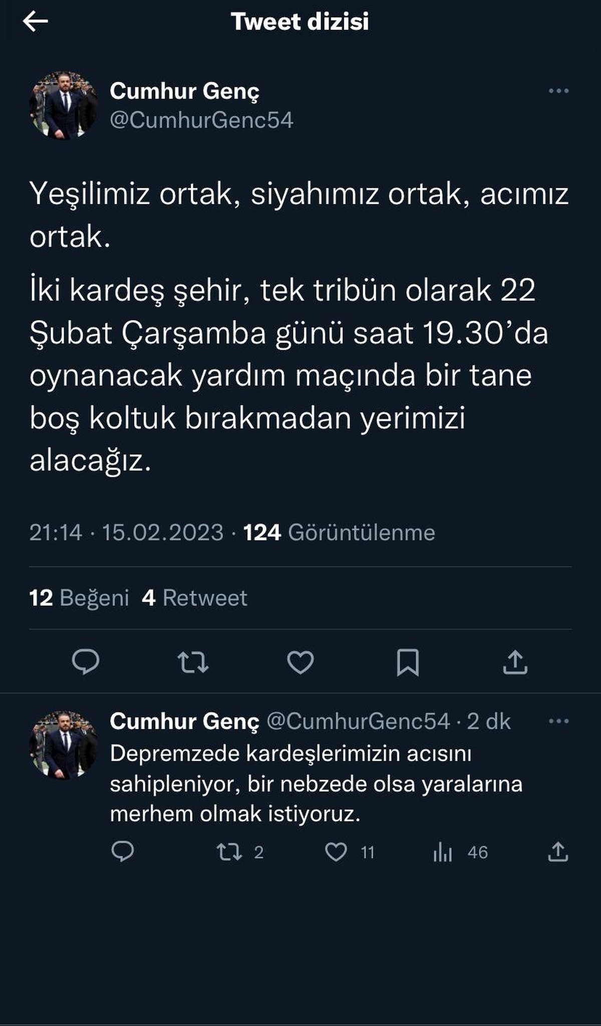Sakaryaspor Kulübü Başkanı Cumhur Genç: "Acımız ortak"