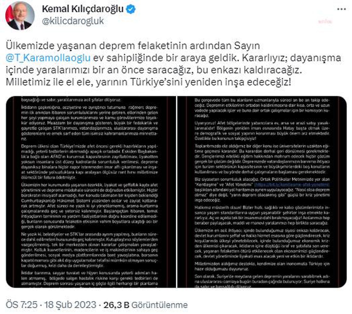 Kılıçdaroğlu: "Kararlıyız; Dayanışma İçinde Yaralarımızı Bir An Önce Saracağız, Bu Enkazı Kaldıracağız. Milletimiz ile El Ele, Yarının Türkiye\'sini...