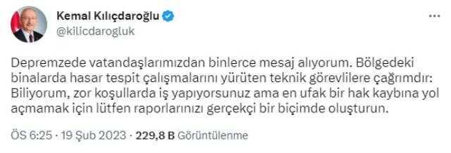 Kemal Kılıçdaroğlu'ndan Hasar Tespit Ekiplerine Çağrı: 'En Ufak Bir Hak Kaybına Yol Açmamak İçin Lütfen Raporlarınızı Gerçekçi Bir Biçimde Oluşturun'