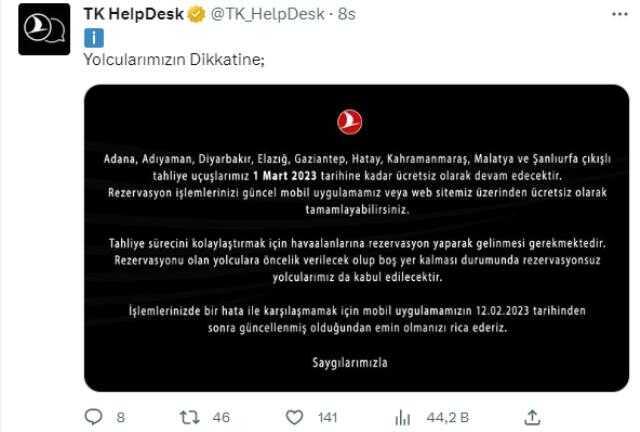 THY, deprem bölgesinden ücretsiz tahliye uçuşlarını 1 Mart'a kadar uzattı THY, deprem bölgesinden ücretsiz tahliye uçuşlarını 1 Mart'a kadar uzattı