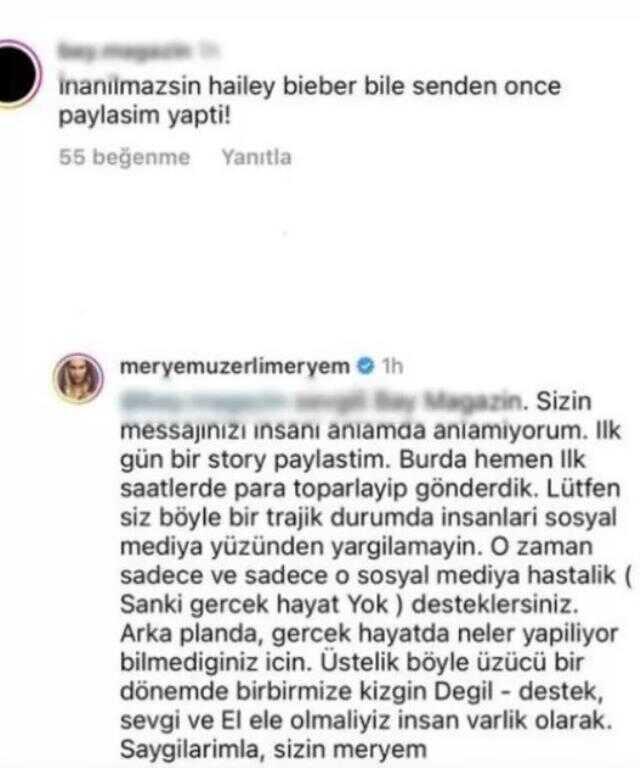 Depremzedeler için bağış toplayan Meryem Uzerli'den kendisini eleştiren takipçisine tepki: Trajik durumda insanları yargılamayın