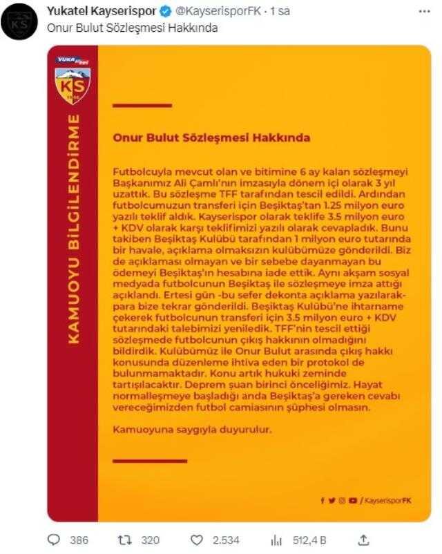 Onur Bulut transferinde kriz büyüyor! Kayserispor :Beşiktaş'a gereken cevabı vereceğiz