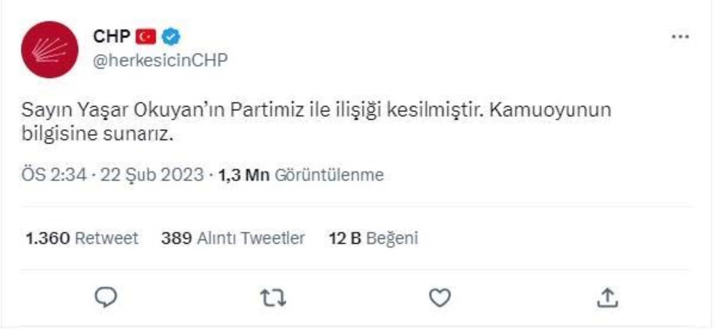 CHP: Yaşar Okuyan\'ın partiyle ilişiği kesildi