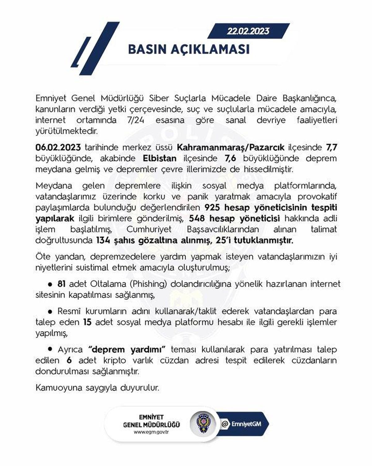 EGM: "Provokatif paylaşımlarda bulunduğu değerlendirilen 925 hesap yöneticisi tespit edildi"