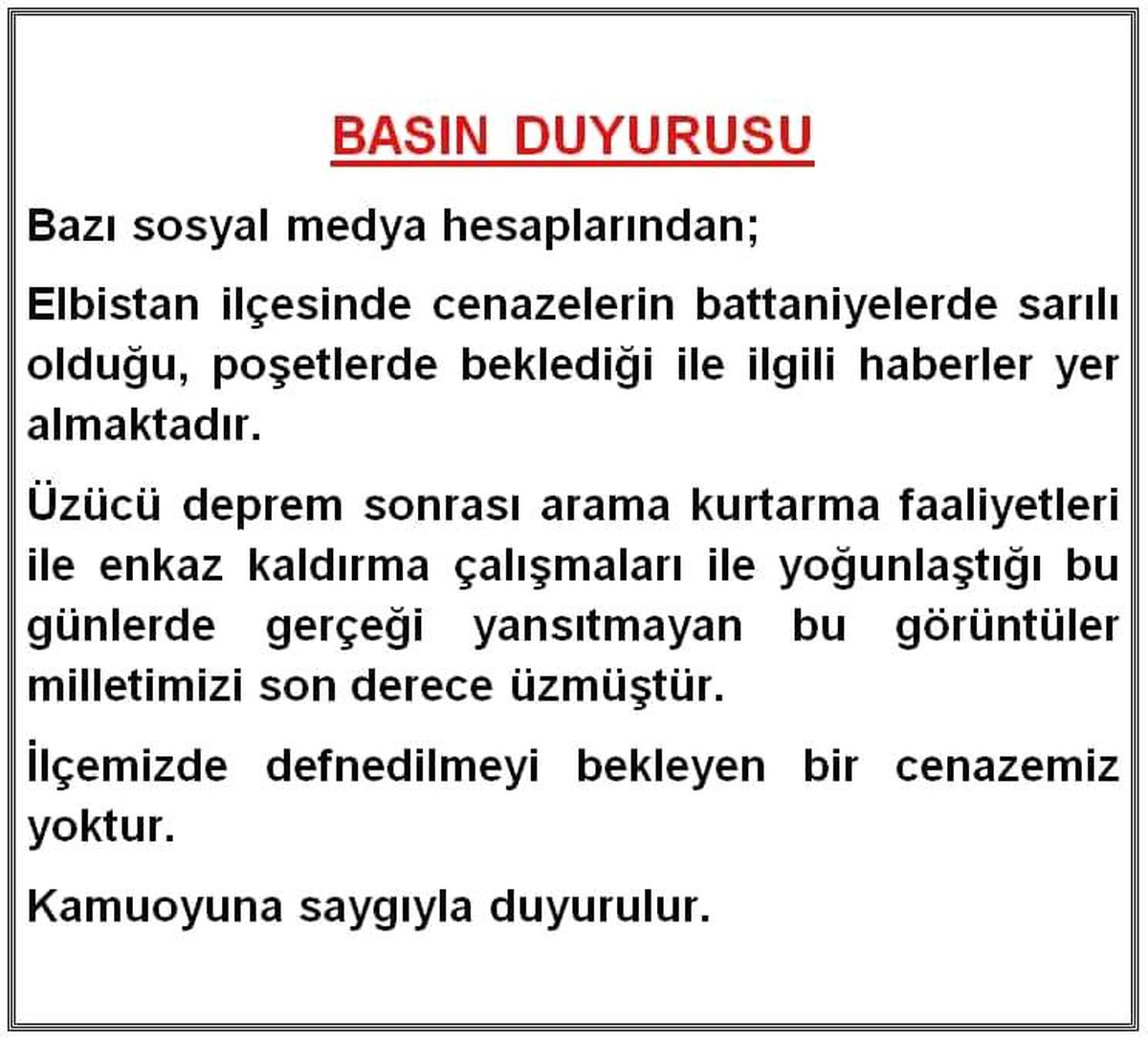Elbistan Kaymakamlığı: "İlçemizde defnedilmeyi bekleyen bir cenazemiz yoktur"