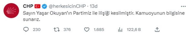 Eski bakanlardan Yaşar Okuyan'ın CHP ile ilişiğinin kesildiği bildirildi