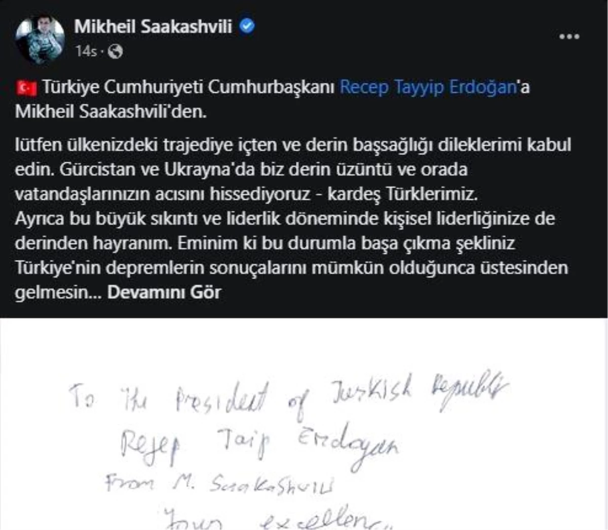 Gürcistan\'ın tutuklu lideri Saakaşvili\'den Cumhurbaşkanı Erdoğan\'a taziye mesajı