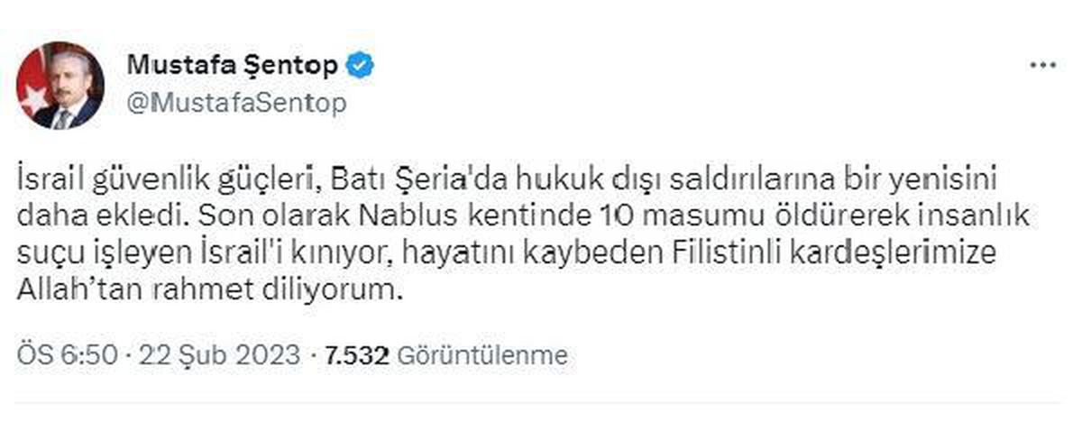 Şentop\'tan, İsrail saldırısında hayatını kaybeden Filistinlilere taziye