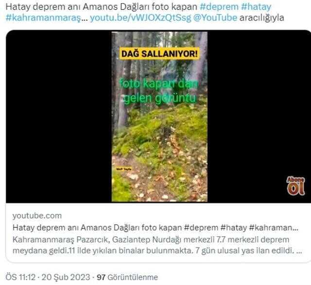 Videonun, deprem sırasında Amanos dağlarında kaydedildiği iddiası doğru değil Videonun, deprem sırasında Amanos dağlarında kaydedildiği iddiası doğru değil