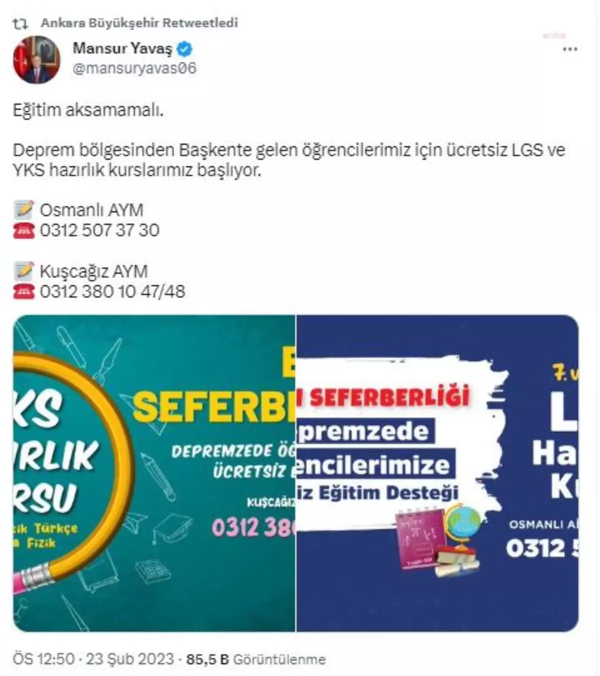 Ankara Büyükşehir Belediyesinden depremzede öğrencilere ücretsiz LGS ve YKS kursu