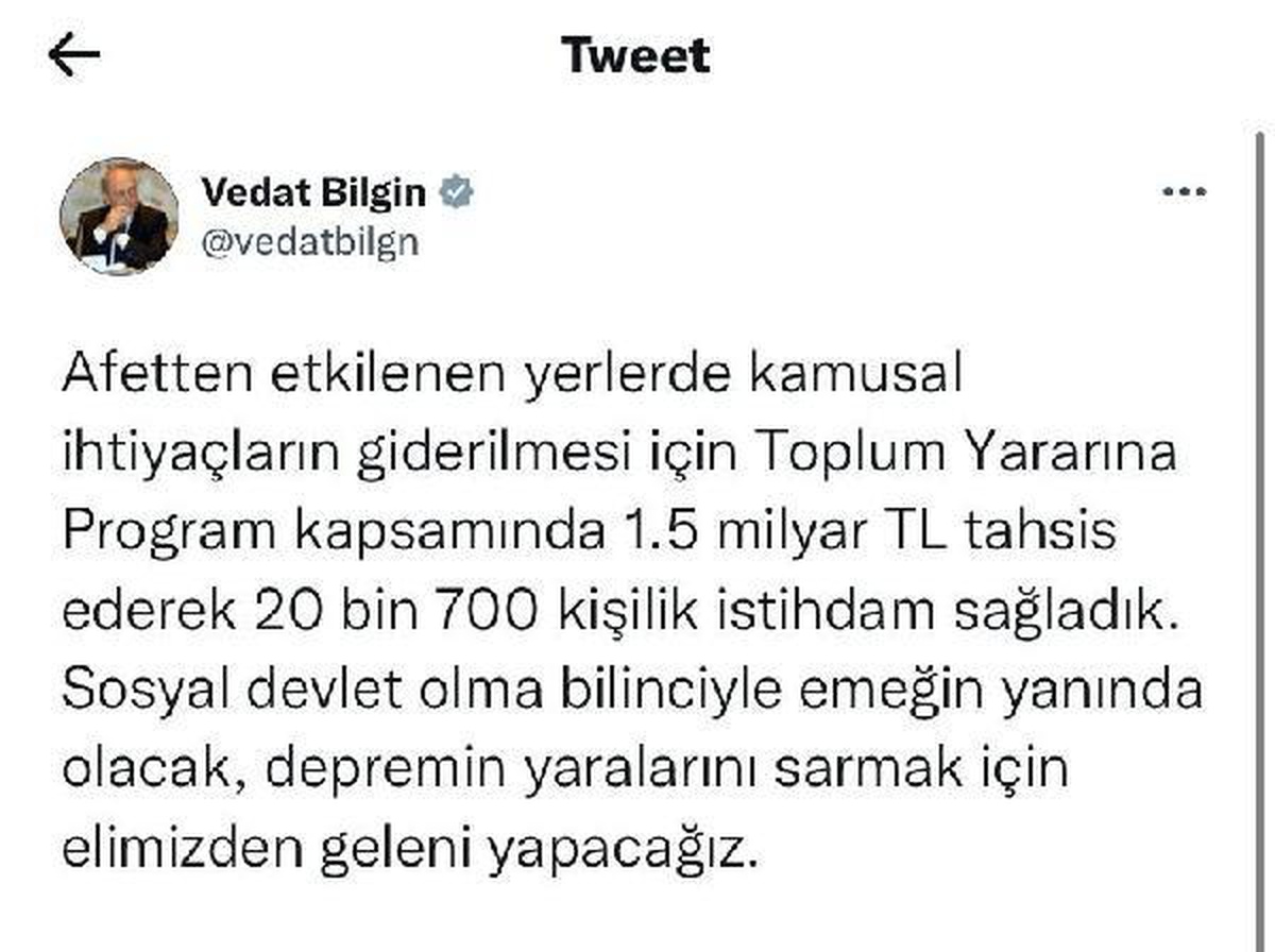 Deprem bölgesine kamu ihtiyaçları için 1,5 milyar TL