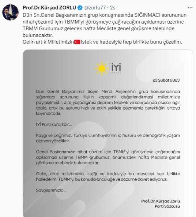İYİ Parti, TBMM'de 'sığınmacı' konusunda genel görüşme isteyecek İYİ Parti, TBMM'de 'sığınmacı' konusunda genel görüşme isteyecek