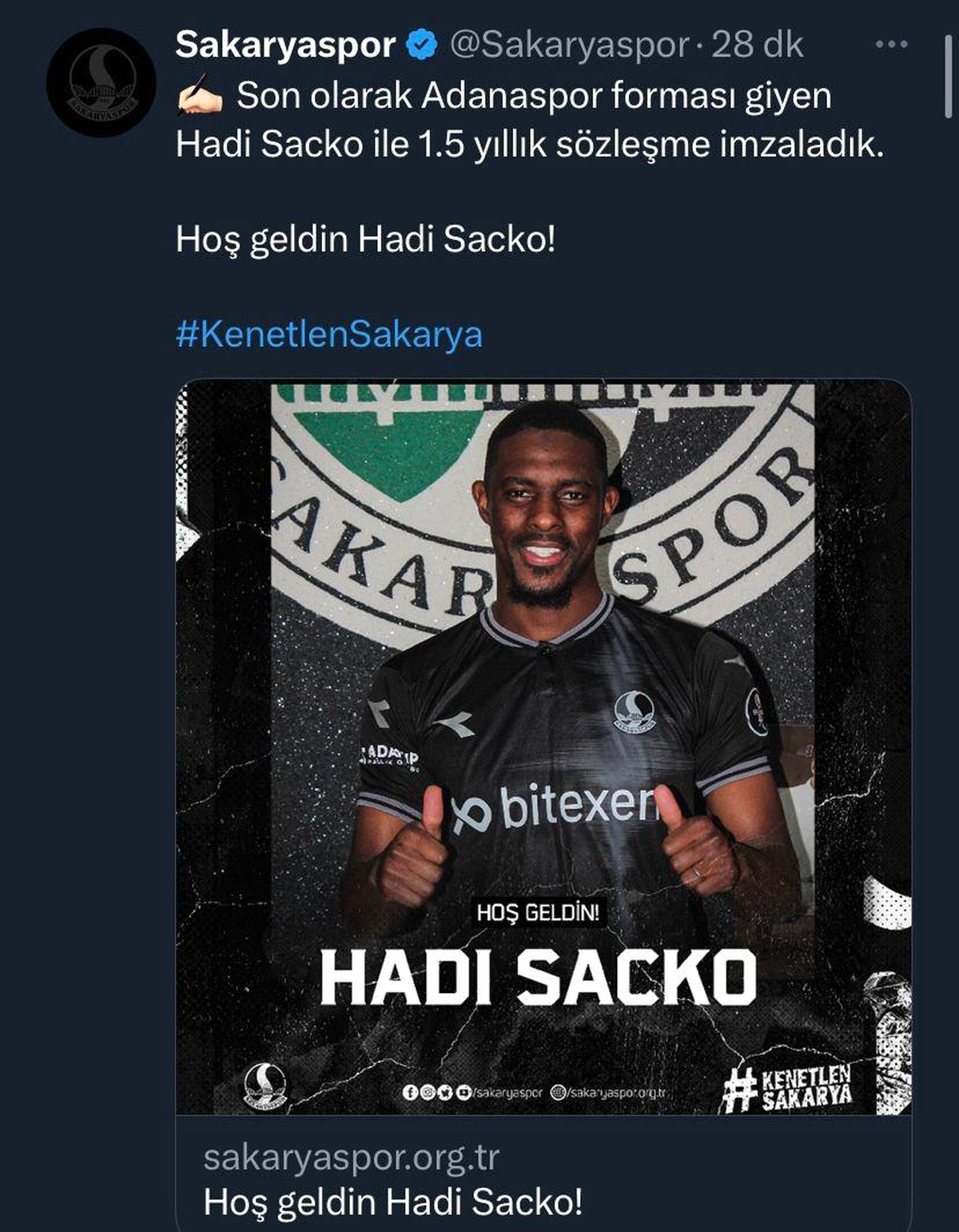 Sakaryaspor, Hadi Sacko\'yu transfer etti