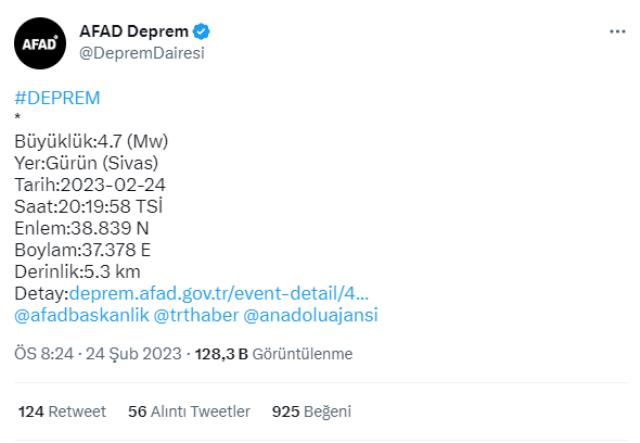 Son Dakika: Sivas'ın Gürün ilçesinde 4.7 büyüklüğünde deprem meydana geldi
