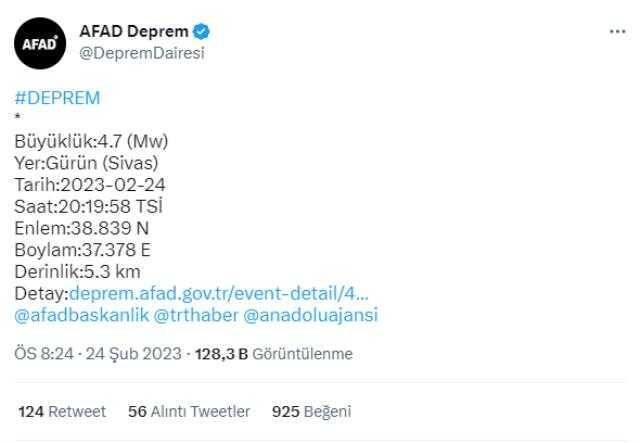 Son Dakika: Sivas'ın Gürün ilçesinde 4.7 büyüklüğünde deprem meydana geldi