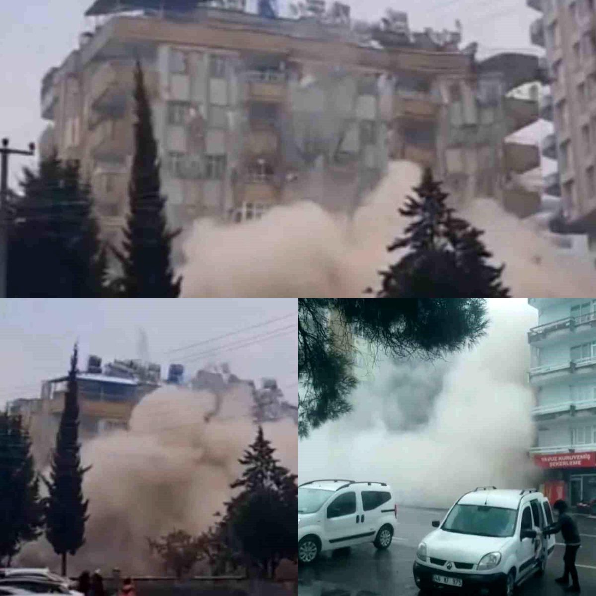 Deprem anında bir binanın çökmesi, diğerinin sallanması kamerada