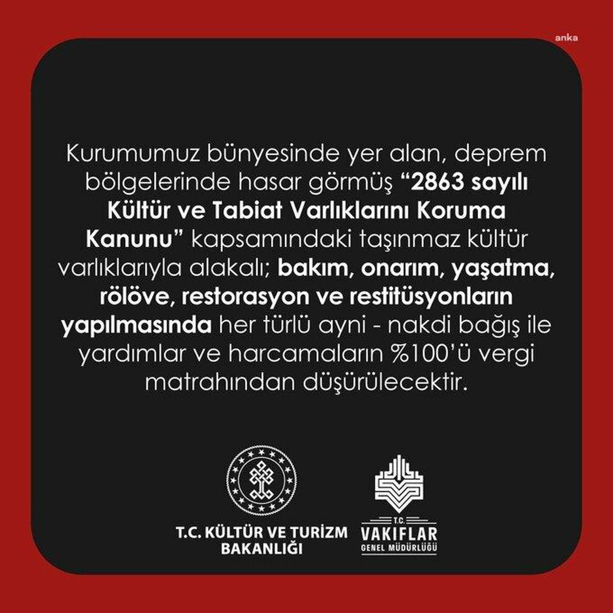 Vakıflar Genel Müdürlüğü: "Depremde Zarar Gören Taşınmaz Kültür Varlıkları İçin Yapılan Bağış ve Yardımların Yüzde 100\'ünün Vergi Matrahından...