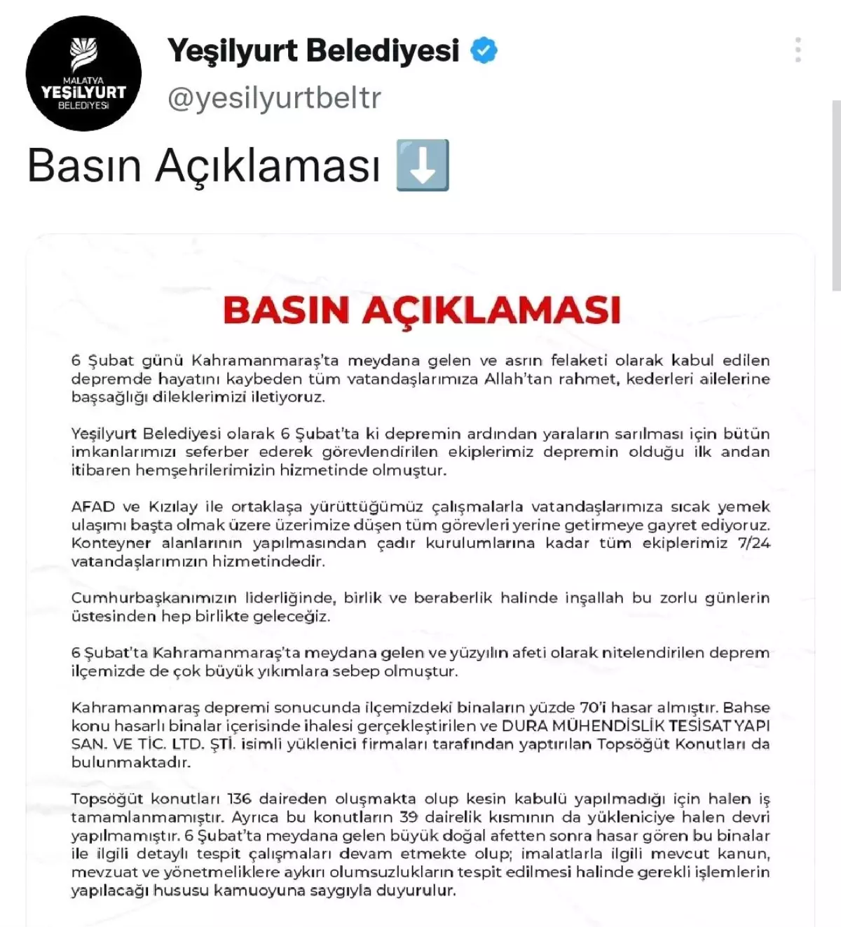 Yeşilyurt Belediyesi\'nden Topsöğüt Konutları açıklaması