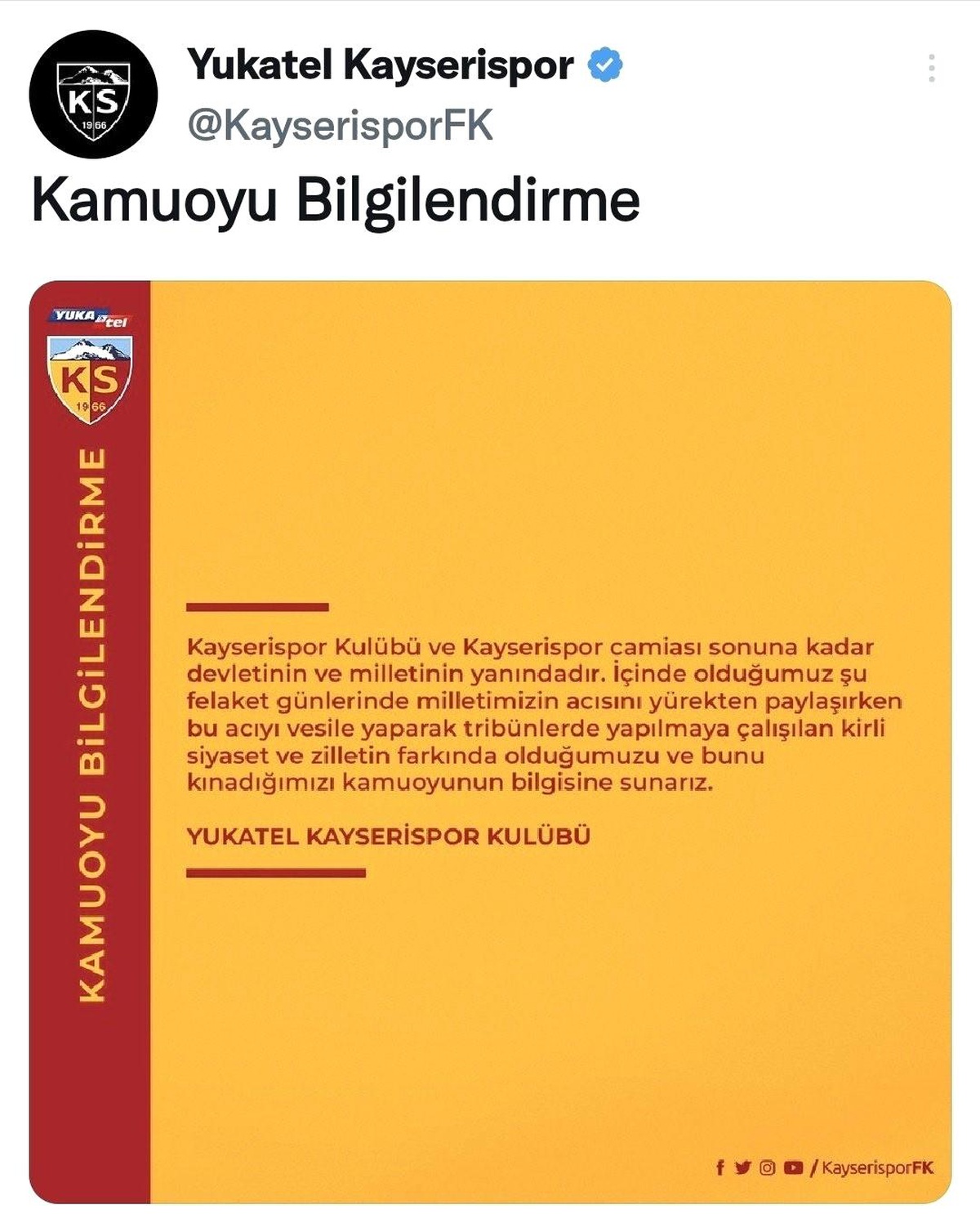 Kayserispor\'dan Açıklama: "Kayserispor camiası sonuna kadar devletinin ve milletinin yanındadır"