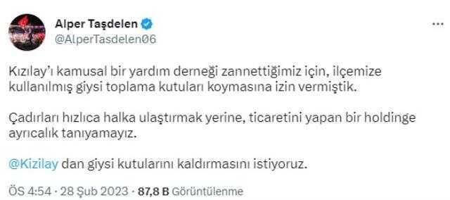 Alper Taşdelen: Çadırları Hızlıca Halka Ulaştırmak Yerine Ticaretini Yapan Bir Holdinge Ayrıcalık Tanıyamayız. Kızılay'dan Giysi Kutularını... Alper Taşdelen: Çadırları Hızlıca Halka Ulaştırmak Yerine Ticaretini Yapan Bir Holdinge Ayrıcalık Tanıyamayız. Kızılay'dan Giysi Kutularını...