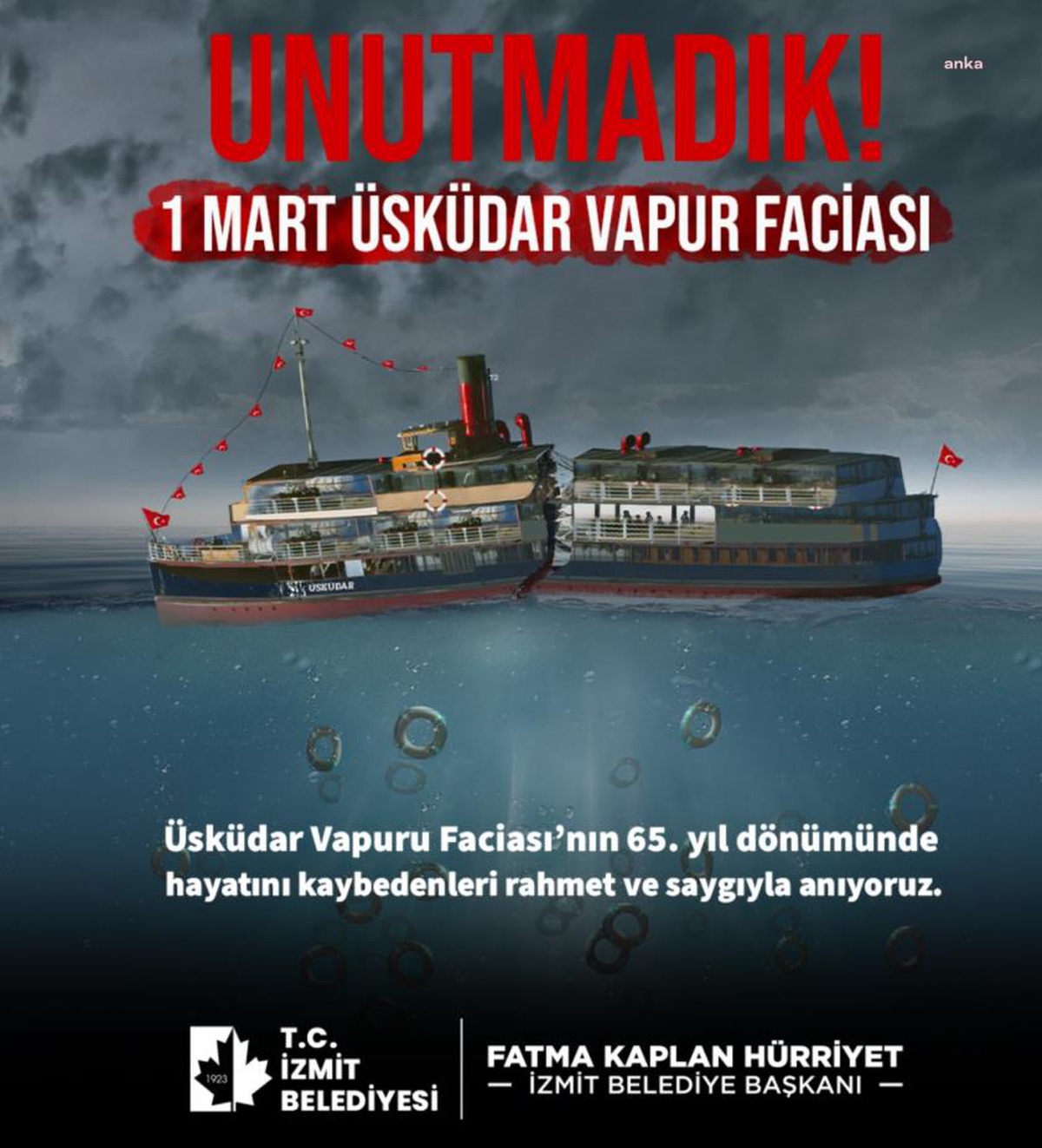 İzmit Belediyesi, Üsküdar Vapuru Faciası\'nda Yaşamını Yitirenleri Anacak