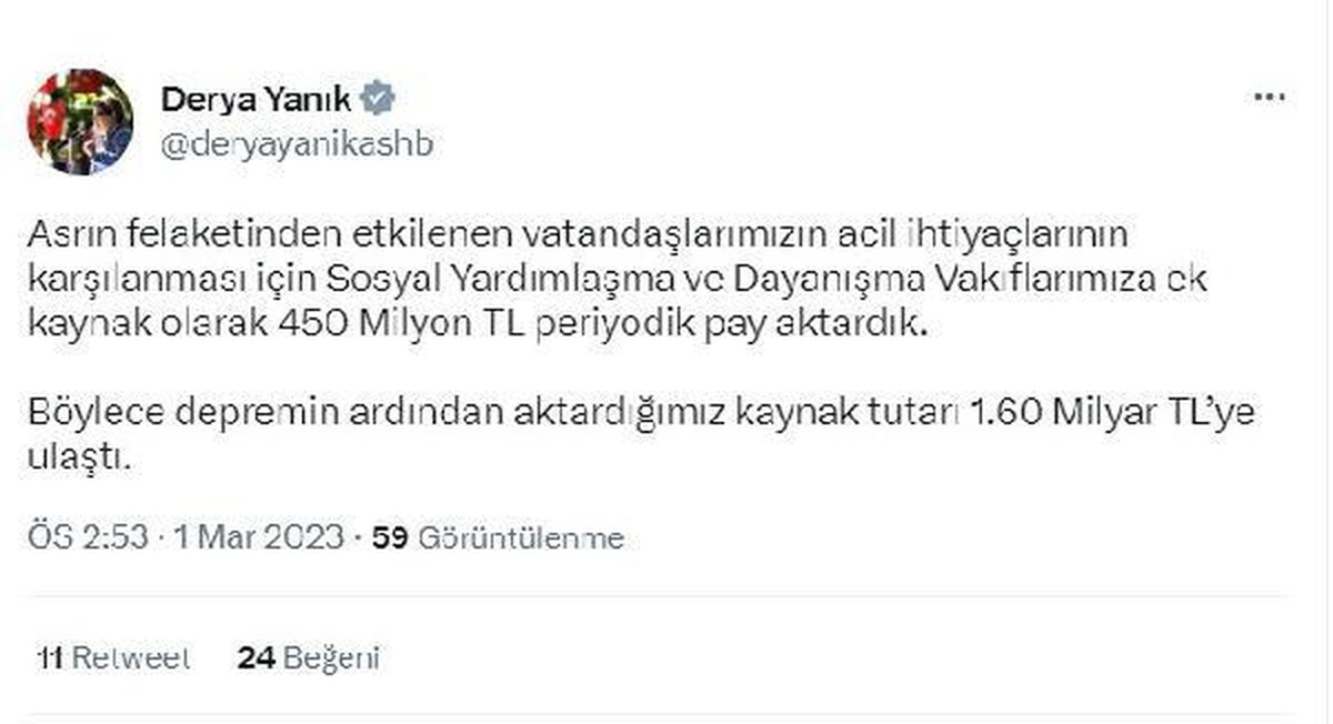 Bakan Yanık: Deprem bölgesine aktarılan kaynak 1,60 milyar TL\'ye ulaştı
