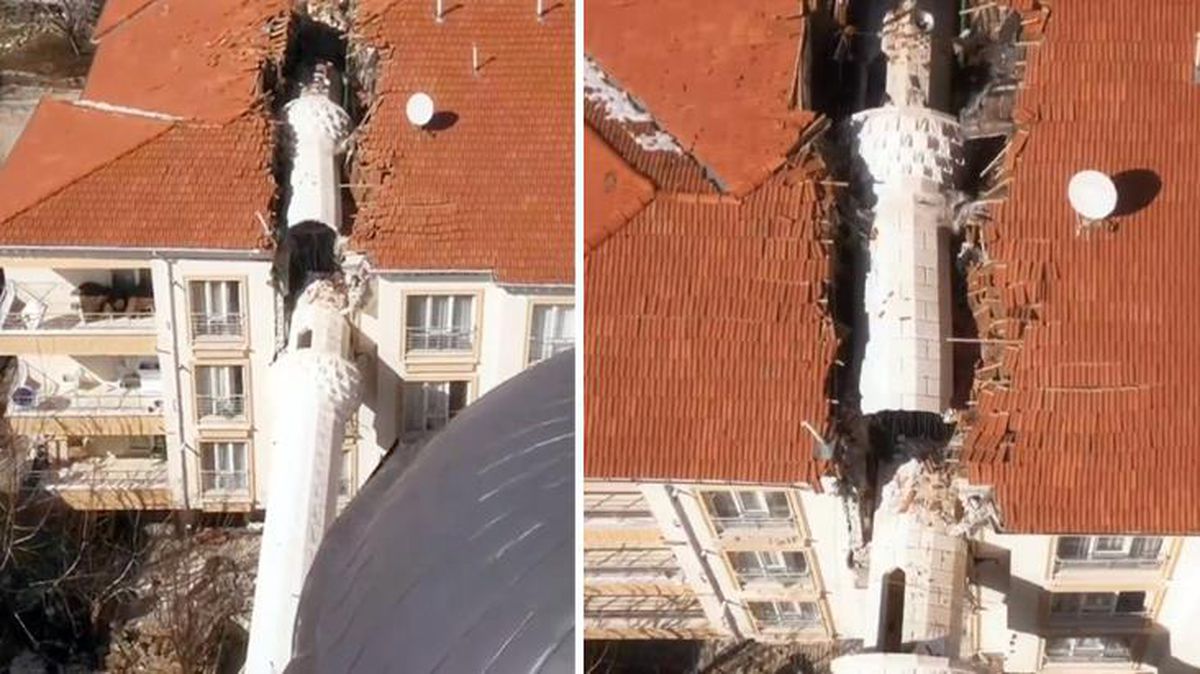 Depremde yıkılan minare, apartmanı ikiye böldü