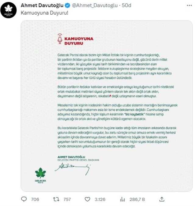 Davutoğlu: 'Gelecek Partisi bugüne kadar attığı tüm imzaların arkasında durarak yoluna devam edecek' Davutoğlu: 'Gelecek Partisi bugüne kadar attığı tüm imzaların arkasında durarak yoluna devam edecek'