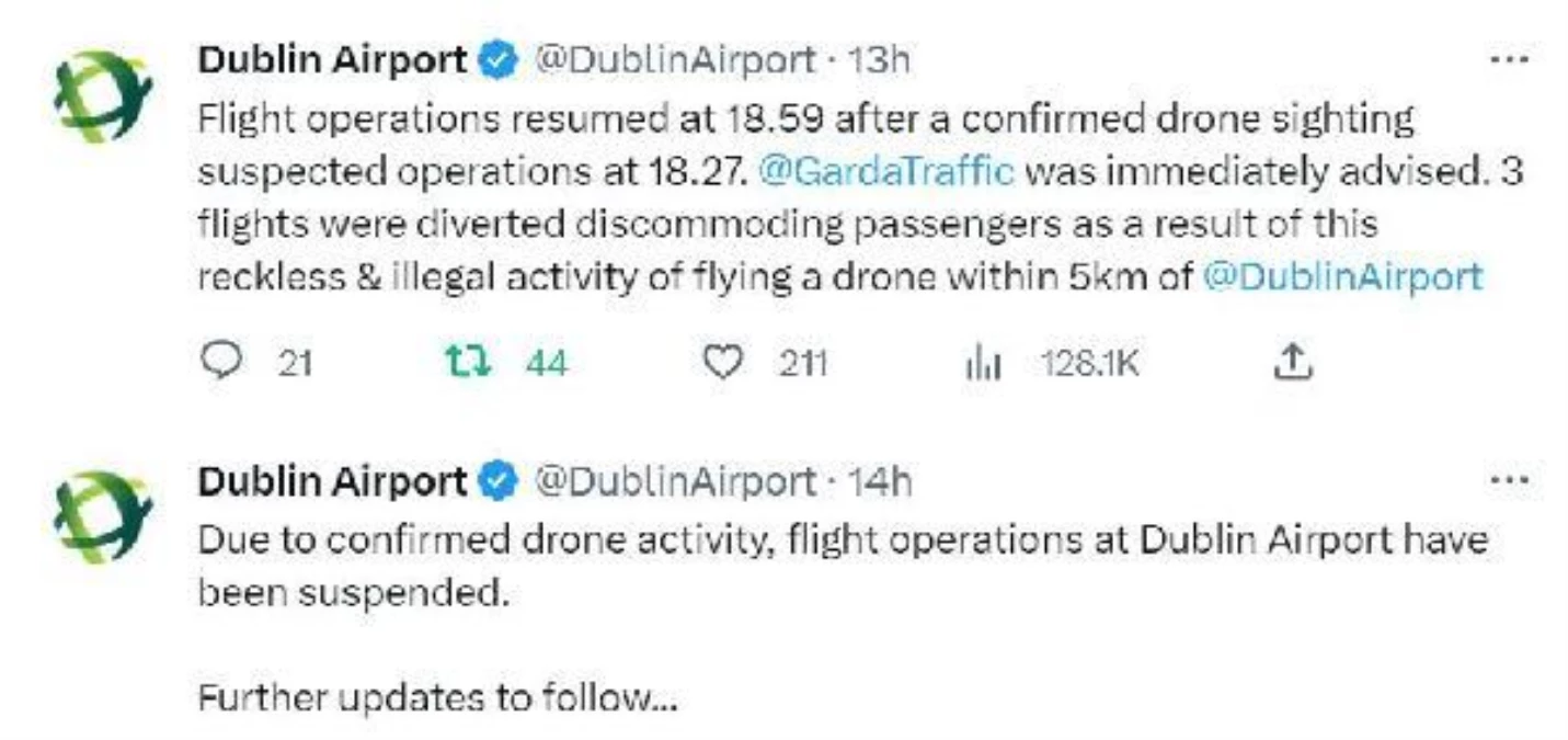 Dublin Havalimanı drone uçuşları sebebiyle yine kapatıldı