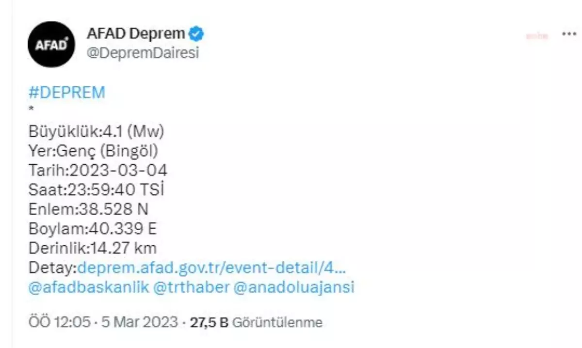 Bingöl\'ün Genç İlçesinde 4.1 Büyüklüğünde Deprem Oldu