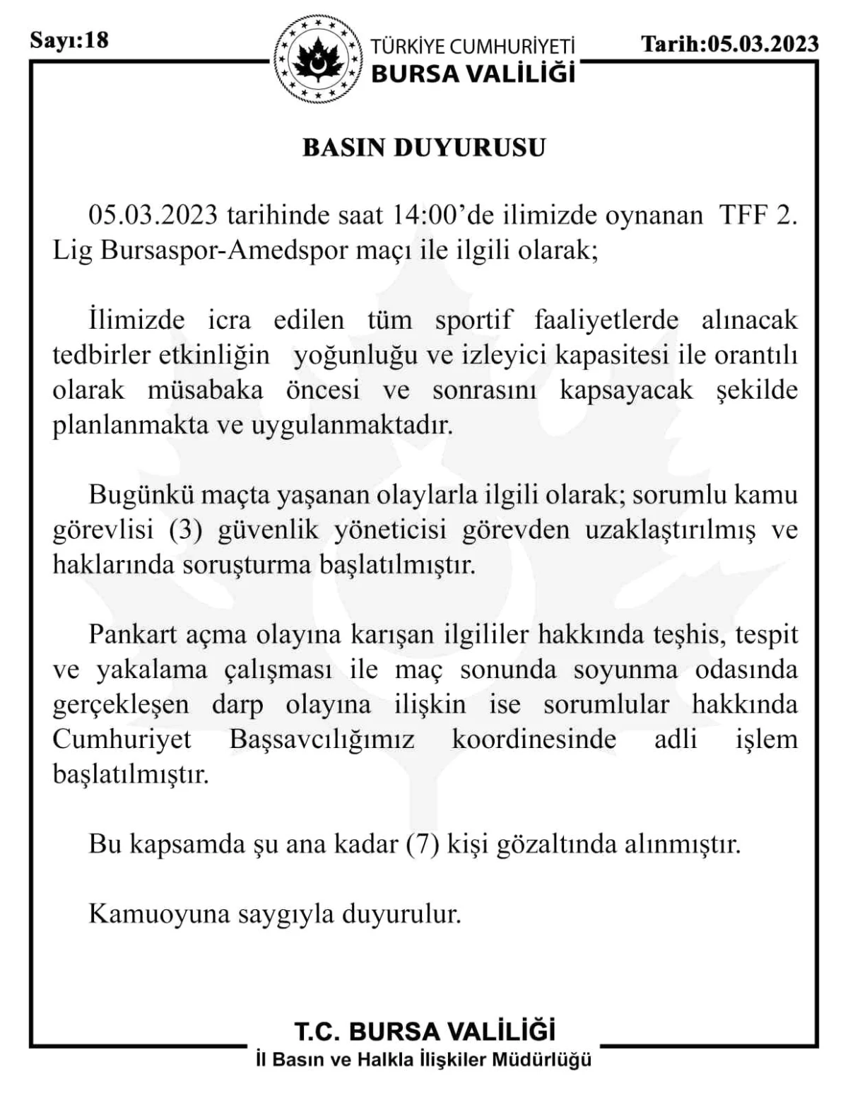 Bursa Valiliğinden Bursaspor-Amedspor açıklaması: "3 güvenlik yöneticisi görevden uzaklaştırıldı, 7 kişi gözaltına alındı"